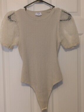 STORIA Cream Ribbed Bodysuit with Puff Sleeves